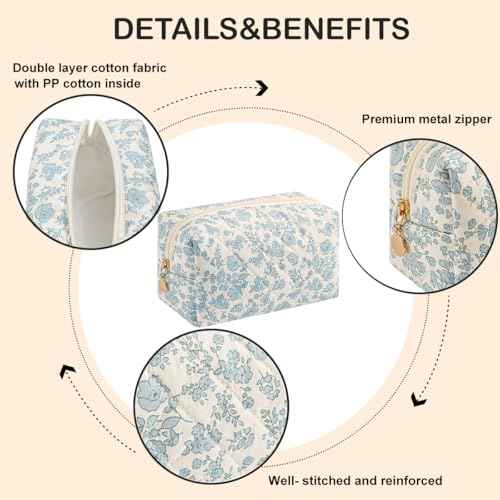 Cute Floral Makeup Bag Small Cotton Quilted Cosmetic Bag, Aesthetic Essential Bag Emergency Bag Gift for Women Girls Travel Accessories (Blue Floral)