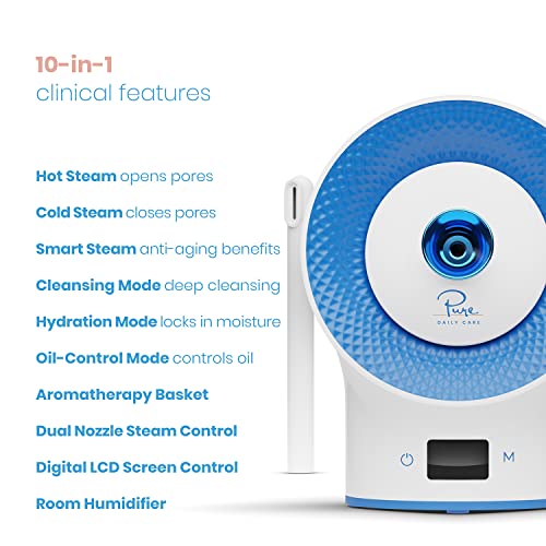 Pure Daily Care NanoSteamer Clinical 10-in-1 Smart Dermatologist Grade Ionic Facial Steamer - 2 Multi-Position Face Steamer Nozzles for Aromatherapy - 6 Pre-Porgrammed Modes - Include Extraction Set