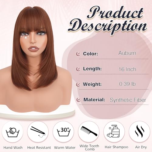 Haloo Auburn Bob Wig with Bangs 16 Inch Heat Resistant