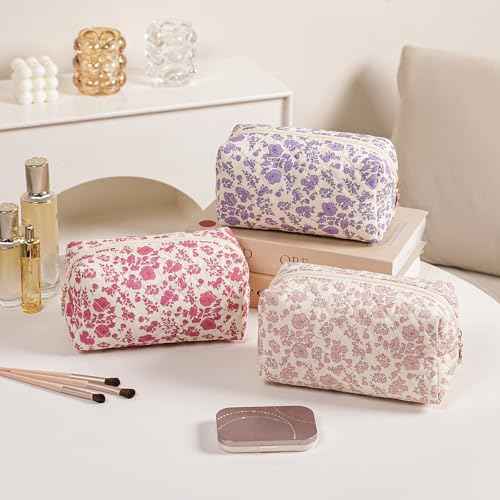 Gleyemor Small Quilted Makeup Bag for Women, Cute Floral Bow Cosmetic Bag, Emergency Bag Travel Toiletry Cotton Pouch Gifts for Girls Her Mom Friend Sister Bridesmaid (Pink Flower)