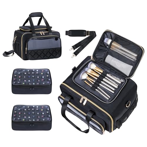 Nail Polish Organizer Holds 80 Bottles, with Two Removable Case, Portable Travel Nail Kit Storage Bag for Manicurist, Nail Art Enthusiasts,Black
