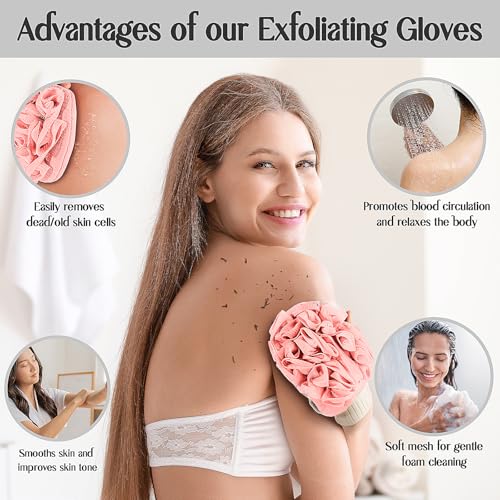 Deep Exfoliating Glove for Shower Double-Sided Mitt, with Extra Long Exfoliating Washcloth - Extreme Body & Back Scrubber for Shower, Massage Scrub Exfoliator & Bath Loofah Sponge (2-Pink)