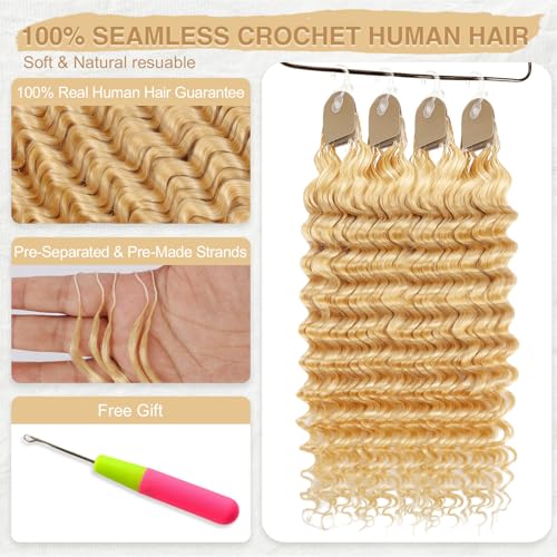 DRESSMAKER 613 Blonde Human Crochet Hair 18 Inch 60g Pre-Separated Feather Extensions - Deep Wave, Easy Install, Invisible Knots