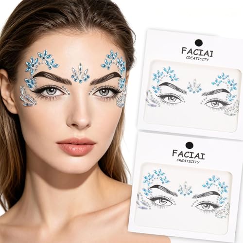 Blue Crystal Face Gem Stickers - 2 Sheets Rhinestone Tattoos