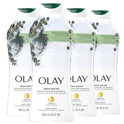 Olay Fresh Outlast Paraben Free Body Wash with Relaxing Notes of Eucalyptus and Spirulina, 22 fl oz, Pack of 4