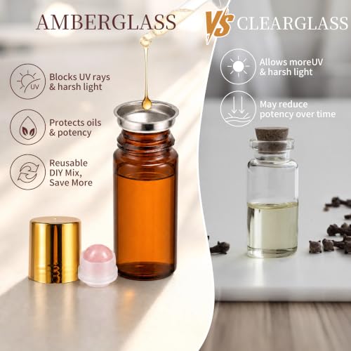 Pink Rose Quartz Roller Bottle 50ml Refillable Amber Glass Travel Perfume with Leak-Proof Cap
