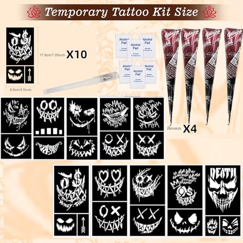 Brown Temporary Tattoo Stencils Kit - 4 Pcs Brown Tattoo Cones with 1Pcs Outline Pen |Tattoo Stencils Kit Includes Reusable Stencil Designs | DIY Body Art for Kids & Adults Party Gifts