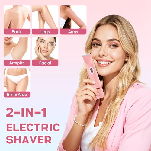 2 in 1 Women Electric Shaver Dual Head Bikini Trimmer for Women IPX7 Waterproof Wet & Dry Use Body Hair Trimmer and Facial Hair Remover for Bikini Underarm Leg Arm Body Face