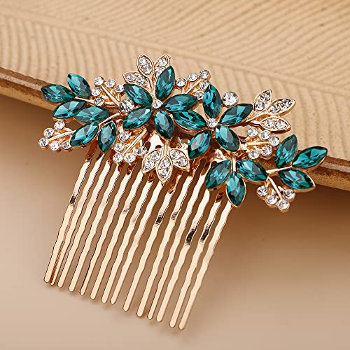 Teyglen Women Dainty Silver Gold Green Rhinestones Bridal Wedding Hair Comb Luxurious Shiny Red Blue Rhinestones Side Hair Accessories for Brides and Girls