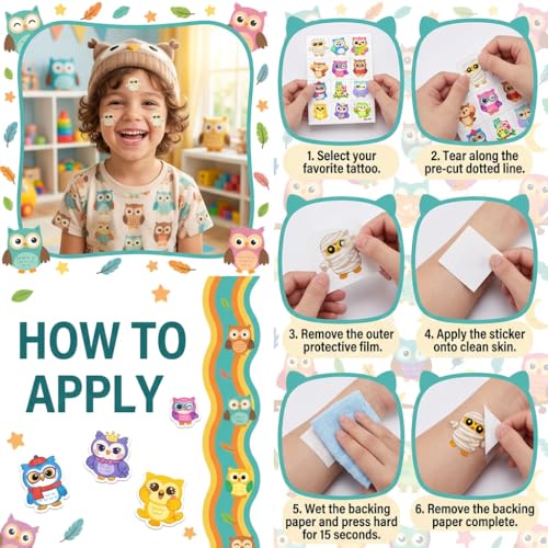 96 Owl Temporary Tattoos for Kids - Cute Cartoon Designs