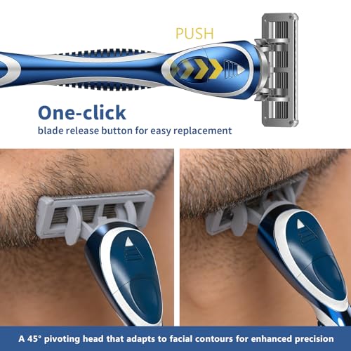 6-Blade Manual Razor for Men with Lubricating Strip, 1 Ergonomic Non-Slip Handle Includes 12pack Razor Blade Refill Cartridges, with Hanging Hook & Cleaning Brush, Full Washable Design