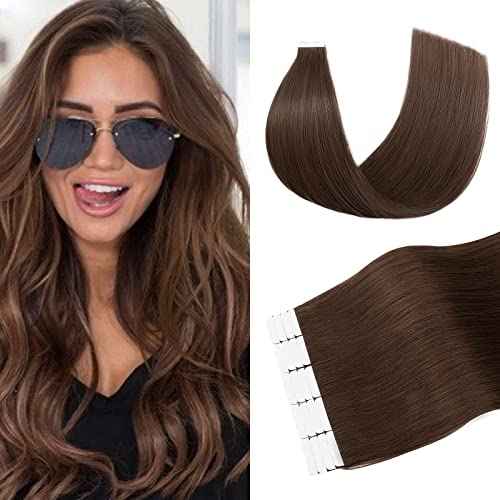 S-noilite Tape In Hair Extensions Human Hair Real Natural Straight Silky Remy Hair Seamless Double Side Tape in Hair Extensions for Women (20 Inch, 4 Medium Brown)