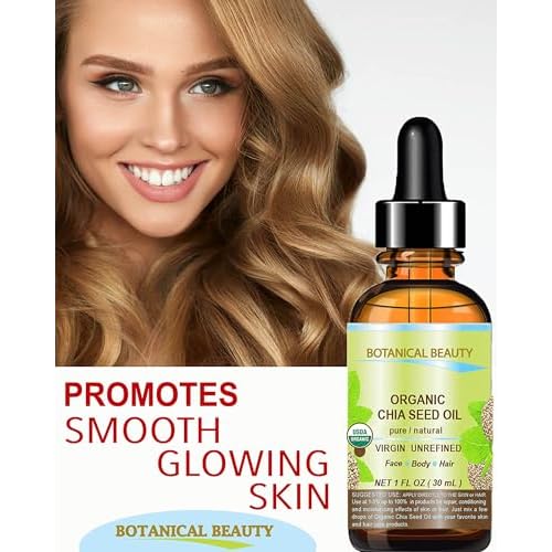 Botanical Beauty Organic CHIA SEED OIL 100% Pure Natural Virgin Unrefined Cold-Pressed Carrier Oil 1 Fl Oz 30 ml for Face, Skin, Body, Hair, Lip, Nails. Rich in Vitamin E