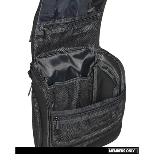 Members Only Hanging Toiletry Bag with Rotating Hook, Black Toiletry Organizer, Bathroom Bag