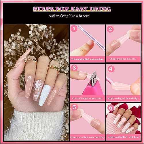 500 Pcs Coffin Nail Tips, AITRAI Long Nail Tips for Acrylic Nails Professional Clear Coffin Nail Tips Full Cover Ballerina False Nails Tips with Glue, Adhesive Tabs Acrylic Nail Clipper Files,10 Size