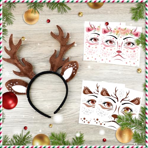 Deer Antlers Headband & Face Tattoos Set for Christmas Costume