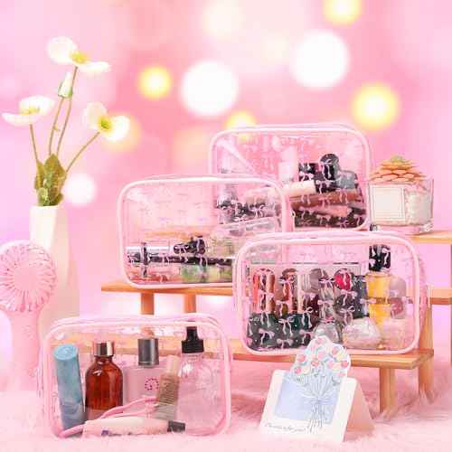 Kacctyen 24 Pcs Pink Bow Cosmetic Bag Coquette Preppy PVC Makeup Bag Bulk Zippered Travel Toiletry Pouch Gift for Women Birthday Party Favor Organizer
