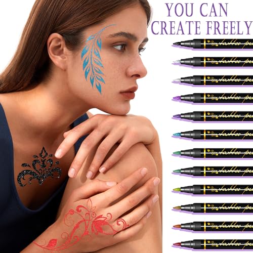 Temporary Tattoo Markers with 155 Stencil Designs, 12 Metallic Colors
