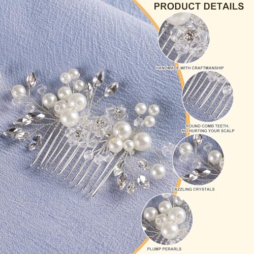 Bridal Hair Combs & Pins Set - 5PC Rhinestone Crystal Pearl Accessories