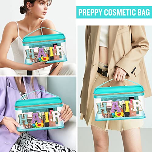 Izuzta Green Chenille Letter Clear Makeup Bag with Handle - Waterproof Travel Toiletry Organizer