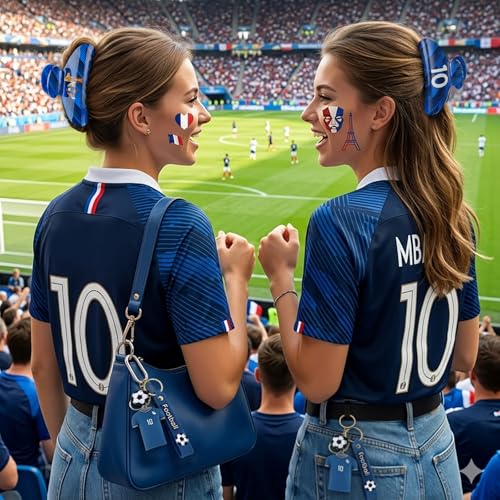 TOCESS France Soccer Tribute Gift Bundle for Women & Girls - Jersey-Shaped Hair Claw, No. 10 Keychain & Flag Tattoos - Navy