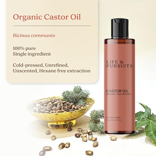 Life & Pursuits Organic Castor Oil (6.8 Fl Oz), 100% Pure, Cold-pressed, Hexane Free Castor Oil for Skin, Scalp and Hair