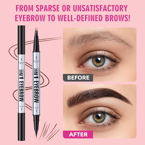 2 Pack Hair Like Eyebrow Pen Set, Long-Lasting Microblading Eye Brow Pencil for Natural Brows, 2-IN-1 Beginners & Daily Use Eyebrow Pencils for Women, Waterproof & Smudge-Proof Brow Tint