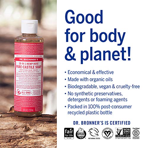 Dr. Bronner's - Pure-Castile Liquid Soap (Rose, 8 ounce) - Made with Organic Oils, 18-in-1 Uses: Face, Body, Hair, Laundry, Pets and Dishes, Concentrated, Vegan, Non-GMO