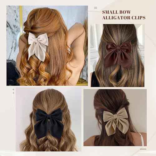 8 Pcs Hair Bows for Women Short Tail Bow Hair Clips Small Alligator Barrettes Cute Accessories for Girls(Black/Khaki)