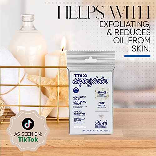 T.Taio Esponjabon Mother of Pearl and Charcoal Soap Sponges ? Shower Scrubbers That Remove Oil and Dirt ? Sponges to Scrub Foot, Elbow and Face ? Bathroom Accessories ? Fresh Scent (2-Pack)