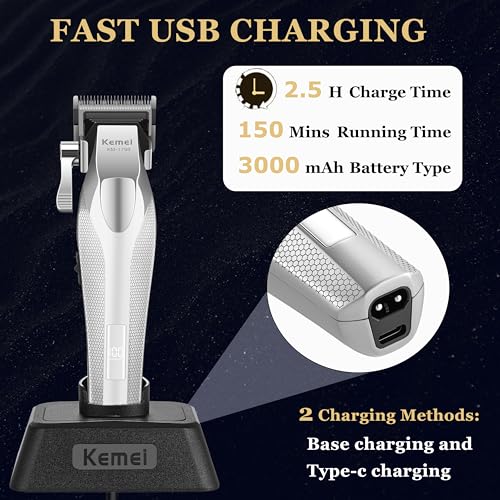 KEMEI 1798 Professional Hair Clippers for Men, 9100 RPM Cordless Barber Clippers with Full Metal Body, 3000 mAh Hair Trimmer with LED Display, Ceramic and DLC Blades