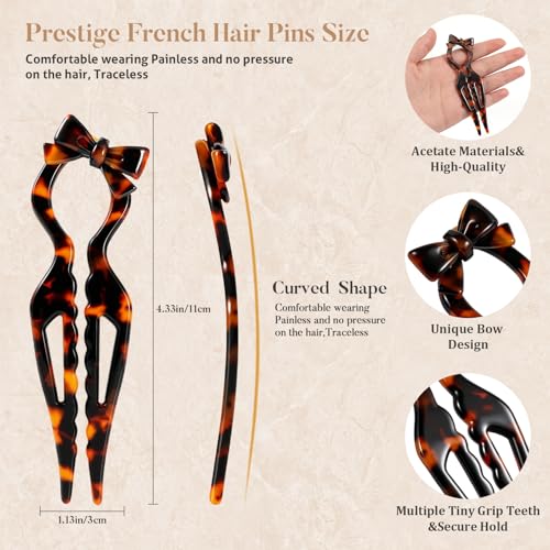 Tiefebene Tortoise Shell 4.33” French Hair Pins for Updos & Buns – Bow Design