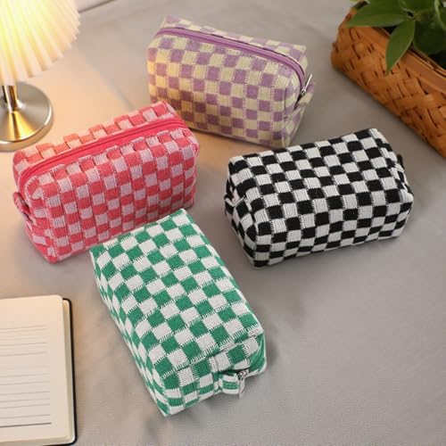 24 PACK Checkered Makeup Bags Bulk-Easter Gifts/Bulk Cosmetic Bags/Large Bridesmaid Gifts/Makeup Pouch for Wedding Party Favors Birthday/Teacher/Mothers Day Gifts/Toiletry Travel Bags(Pink)