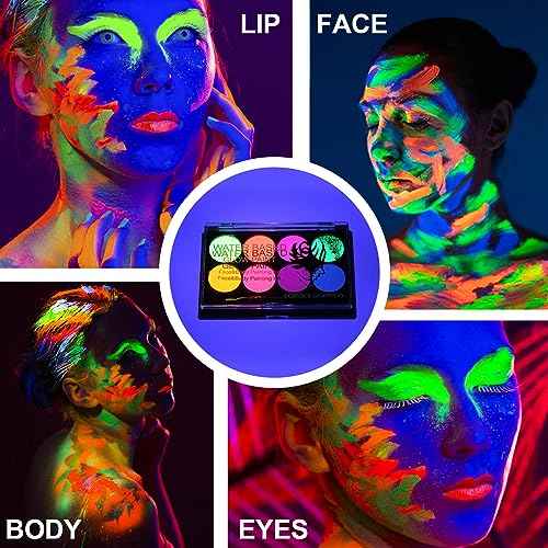 MEICOLY Neon Face Paint,UV Blacklight Glow Face Paint,8 Bright Colors Neon Fluorescent Rave Body Paint Palette,Water Activated Eyeliner,Water Based Glow In The Dark Halloween Washable for Kids Adults