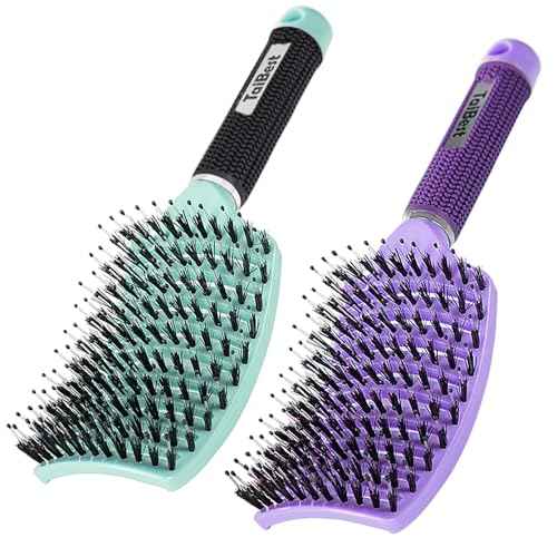 Boar Bristle Hair Brush Set - Dry/Wet Detangler for Fine, Thick, Curly Hair - Curved and Vented Brush for Women, Men or Kids (Purple & Green)