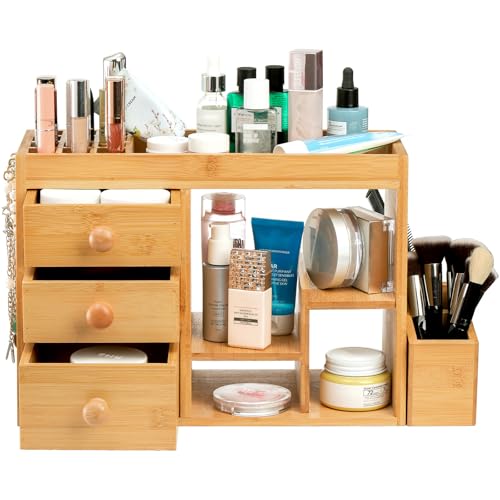 Elsjoy Large Countertop Bamboo Makeup Organizer with 3 Drawers, 12-Grid Lipstick Holder, Jewelry Hanging Hooks, Makeup Brush Holder, Desktop Wood Cosmetic Organizer Stand for Vanity