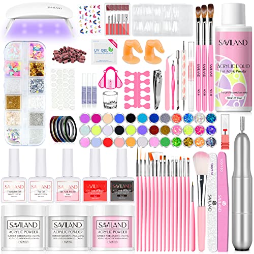 Saviland Acrylic Nail Kit with Drill and U V Light ? Clear White Pink Acrylic Powder Black Red White Gel Nail Polish Nail Tools for Nail Art Gel Nails DIY