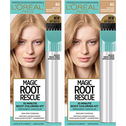 L'Oreal Paris Magic Root Rescue 10 Minute Root Hair Coloring Kit, Permanent Hair Color with Quick Precision Applicator, 100% Gray Coverage, 8G Medium Golden Blonde, 2 count