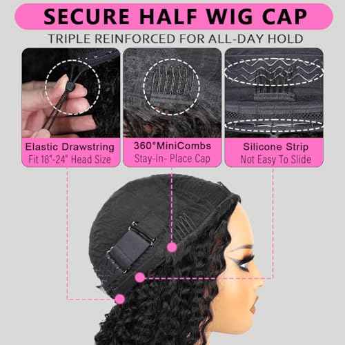 Half Wig Human Hair Water Wave Glueless Curly Half Wig Invisible Hairline 200 Density Seamless Flip Over Design for Beginners with Wear Go Headband Wigs for Women 18 Inch
