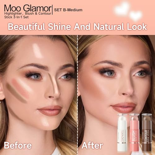 3-in-1 Highlighter,Blush and Contour Sticks Trio with Highlighter Stick Contour Stick and Blush Stick for Cheeks and Face Makeup (Set B Medium)