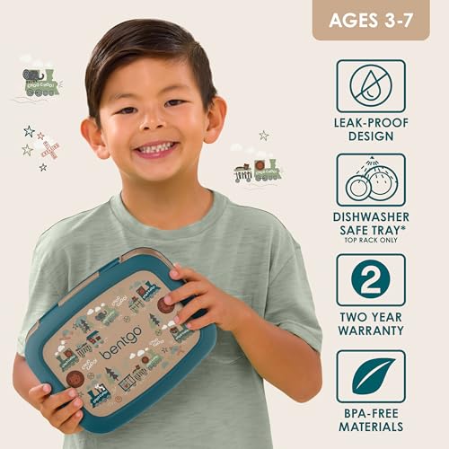 Bentgo Kids Prints Leak-Proof, 5-Compartment Bento-Style Kids Lunch Box - Ideal Portion Sizes for Ages 3-7, Durable, Drop-Proof, Dishwasher Safe, & Made with BPA-Free Materials (Trains)