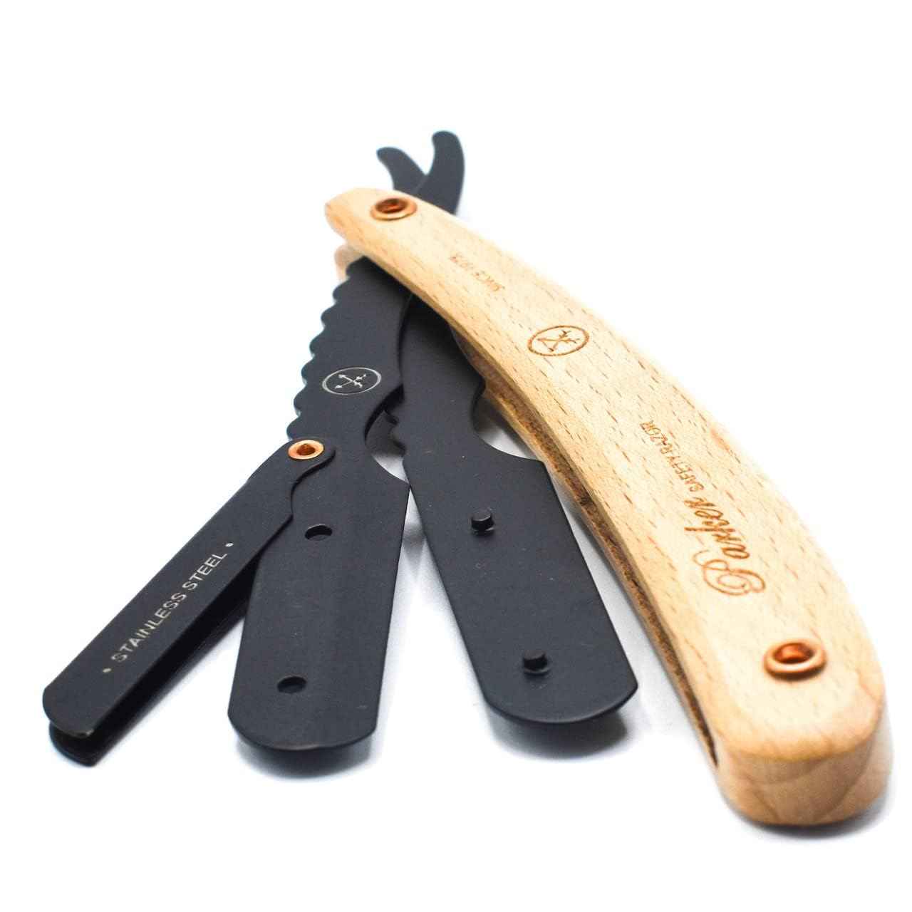 Parker SRP Pine Wood Handle Straight Edge Barber Razor – Stainless Steel Clip‑Type Straight Razor, 5 Premium Half DE Blades Included