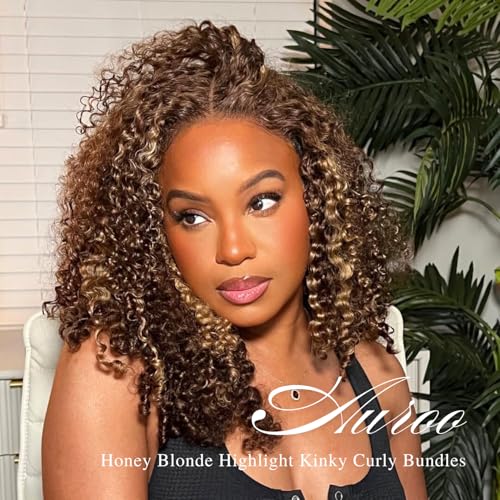 Honey Blonde Highlight Tight Kinky Curly Human Hair Single Bundles, 12A Brazilian Curly Weave Bundles Human Hair 100% Virgin Remy Bundle Ombre #P4/27 Colored Kinky Curly Thick Tracks Sew in 16In