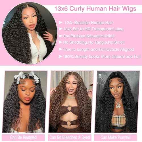 BVLBVL 28 Inch 13x6 Deep Wave Lace Front Wigs Human Hair 180 Density Curly Human Hair Wig HD Lace Frontal Wig Pre Plucked, Real Human Hair No Synthetic Blend No Tangle No Shedding Triple Lifespan 3X