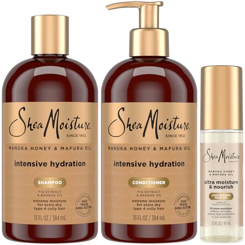SheaMoisture Shampoo & Conditioner, Manuka Honey & Mafura Oil Intensive Hydration + Ultra Moisture & Nourish Lightweight Hair Oil for Extra Dry, Damaged Hair