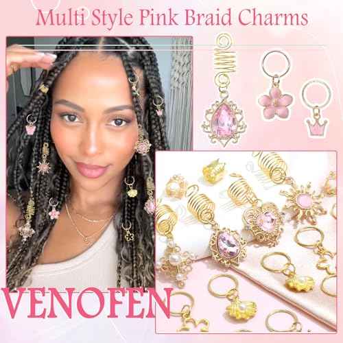 36PCS Pink Crystal Hair Jewelry Butterfly Braids Clips Flower Loc Jewelry Pearl Hair Charms Gold Hair Cuffs Rings Metal Dreadlock Beads Multi Style Braids Accessories for Women and Girls