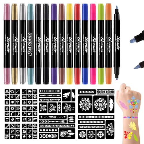 Sovano Temporary Tattoo Markers - 15 Dual-Tip Pens with 82 Stencils
