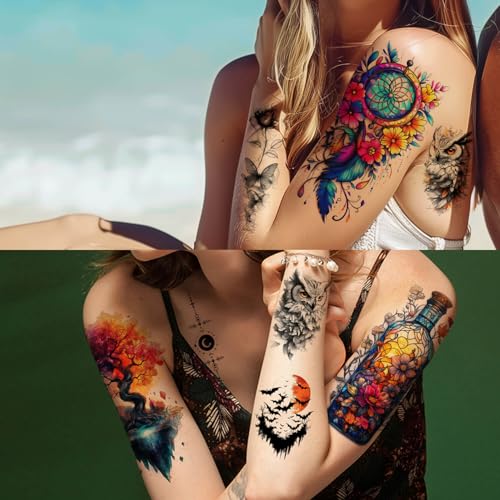 72 Sheets Magic Bottle Temporary Tattoos for Women Adults ? Galaxy Fantasy Tattoo Stickers with Crystals, Feathers & Phoenix Wings ? Colorful Boho Waterproof Wear for Festival, Music Party, Beach Days