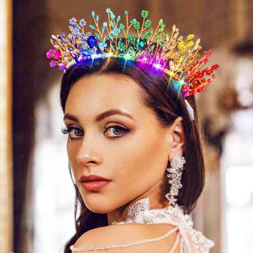 Woeoe Light Up Crystal Headband Colorful Beads Crown Carnival Headpiece with Combs Festival Prom for Women