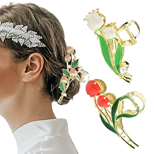 Yonchic 3-Piece Floral Metal Hair Accessories: Strawberry Cherry Tulip Barrettes, Elegant Strong Hold Non-Slip Clamps for Thin/Medium Thick Hair